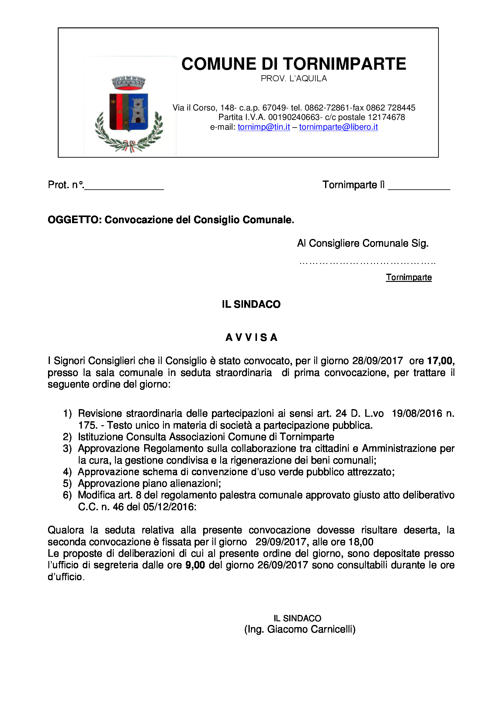 convocazione consiglio comunale